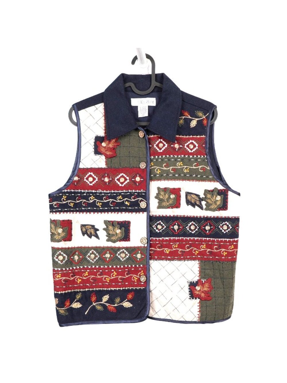 VTG 90s Sweater Vest S Tapestry Wool Embroidered Stitched Fall Leaves Momcore